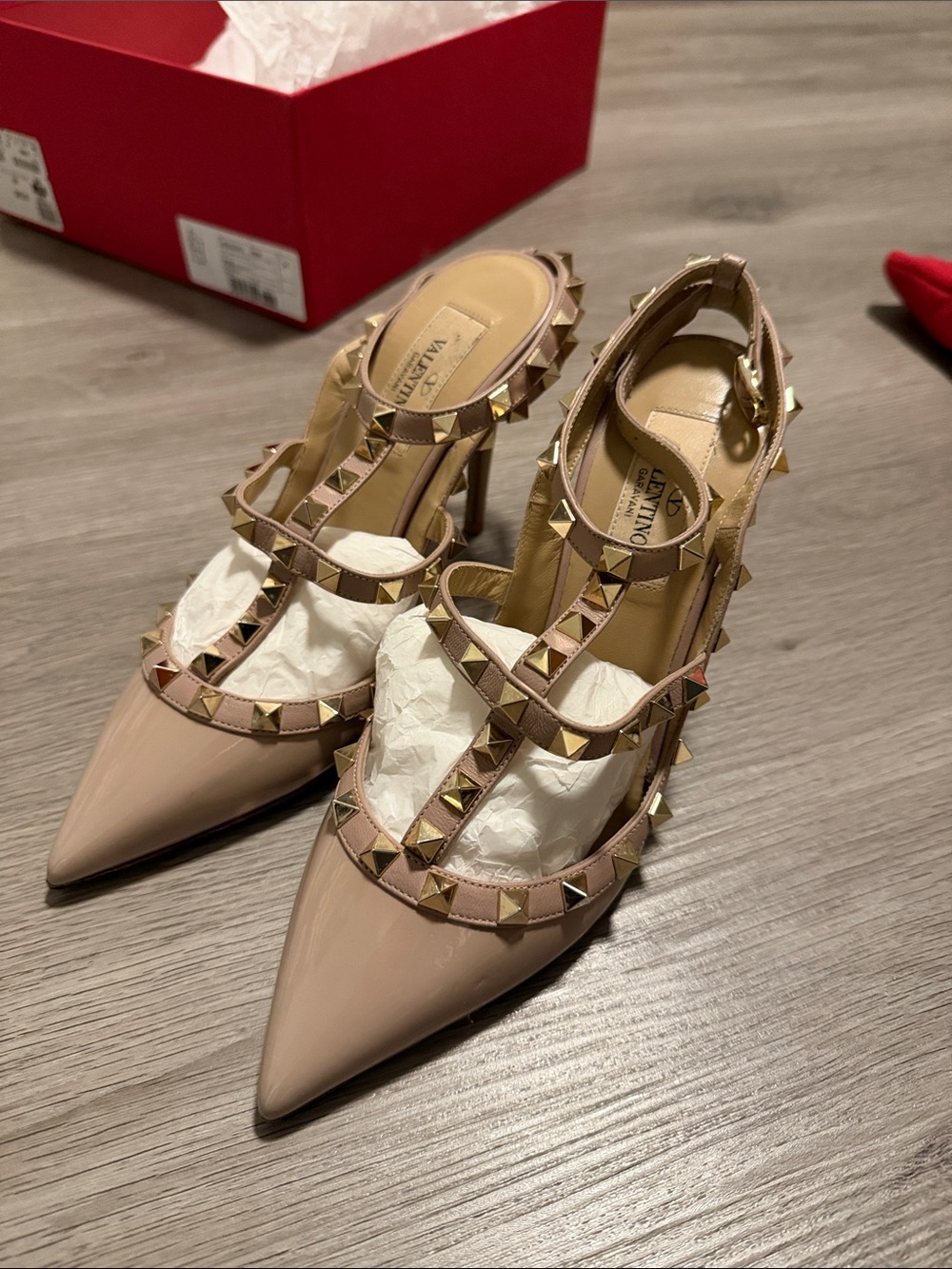 Valentino Garavani Nude Pink Patent Leather Rockstud T-Strap Heels